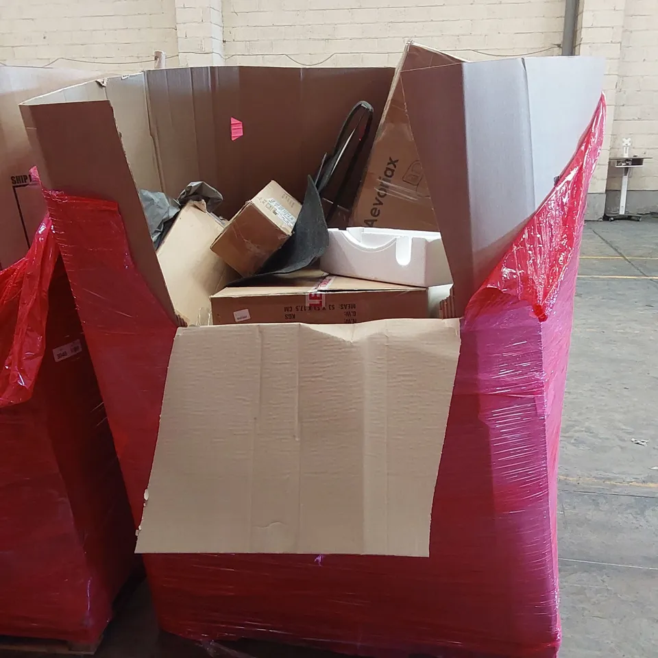 PALLET OF ASSORTED HOUSEHOLD GOODS AND PRODUCTS TO INCLUDE; DIMMABLE DESK LAMP, AIR FRYER, PAPER SHREDDER, HALLOWEEN SKELETON DECORATION, STEAM CLEANER, BOXED FURNITURE ETC 