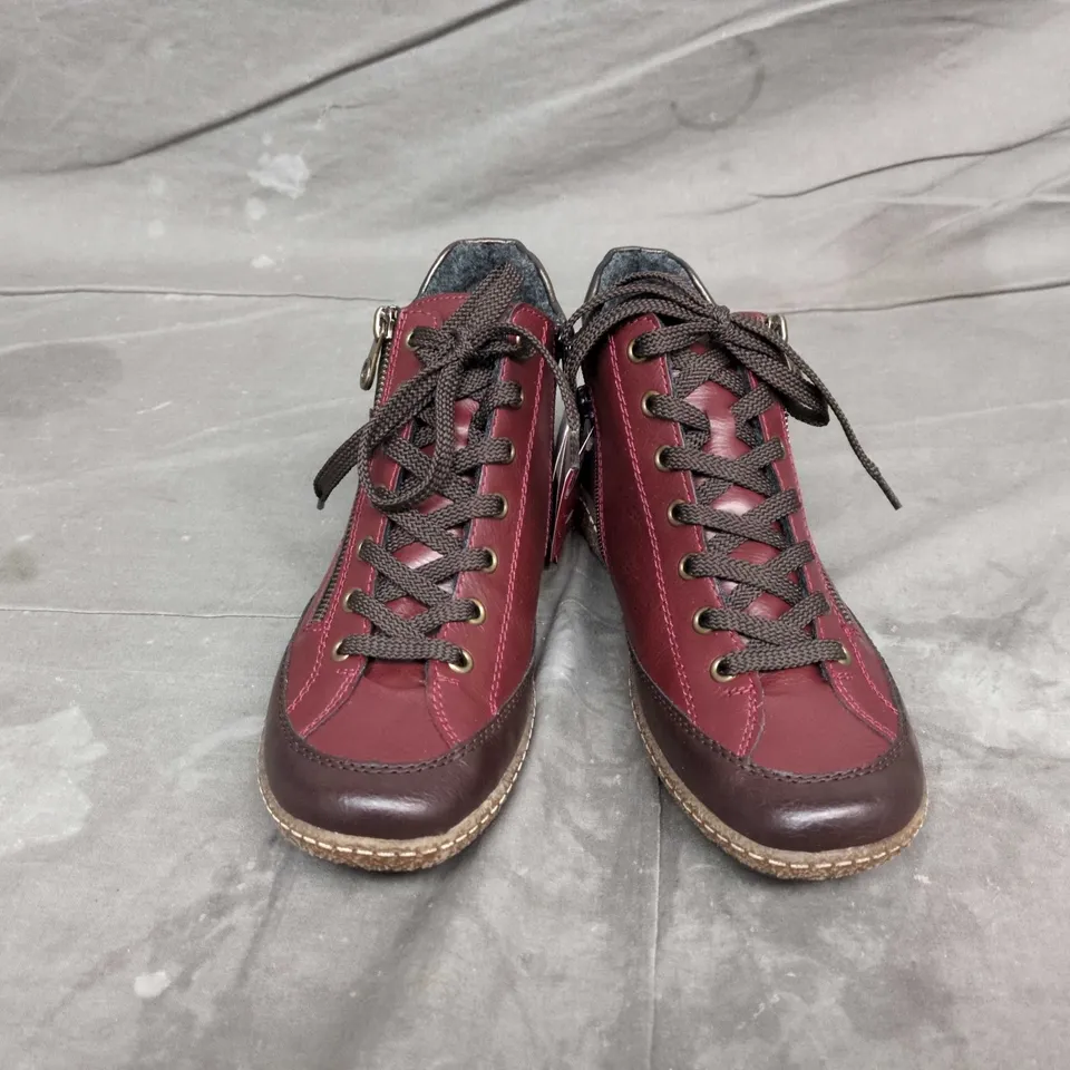 RIEKER WOMEN'S BURGUNDY LEATHER ANKLE BOOTS – LACE-UP WITH SIDE ZIP - SIZE 39