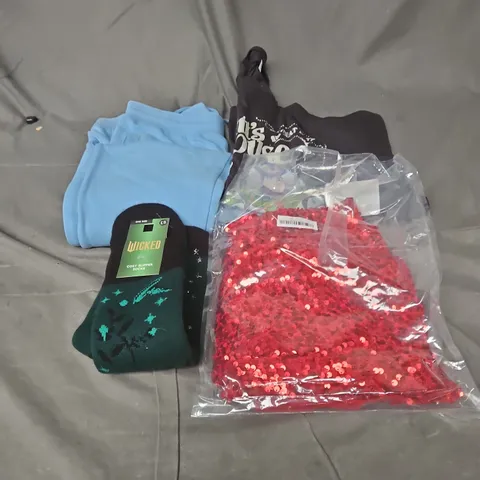 BOX OF APPROXIMATELY 25 ASSORTED CLOTHING ITEMS TO INCLUDE RED SEQUIN DRESS, WICKED SOCKS, BLUE JOGGERS, COMEDY T SHIRT ETC
