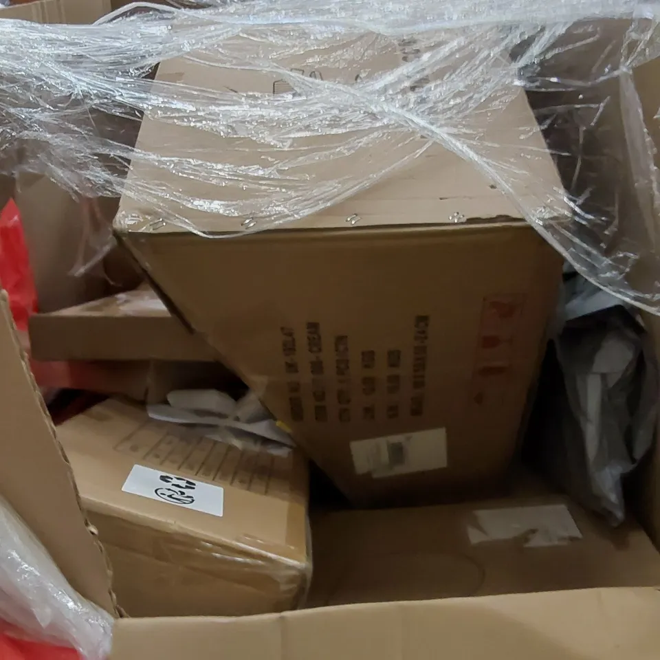 PALLET CONTAINING ASSORTED HOUSEHOLD PRODUCTS. INCLUDES BAR STOOL, TOILET SEAT, CLOTHES RACK, ASSORTED BOXED FURNITURE ETC