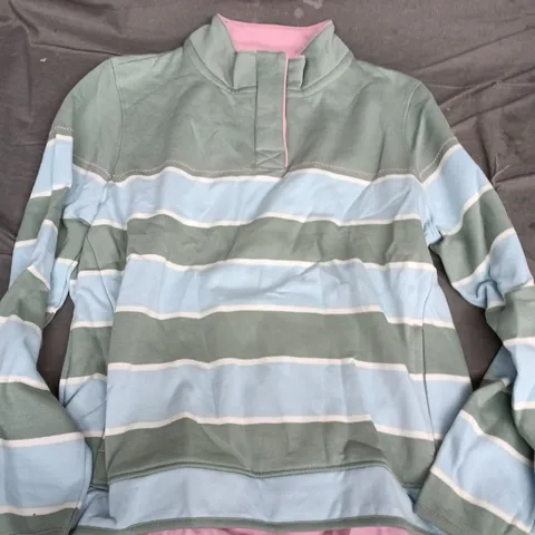 BRAKEBURN WOMEN'S ENGINEERED STRIPE QUARTER ZIP TOP β GREEN WITH PINK TRIM, UK 14