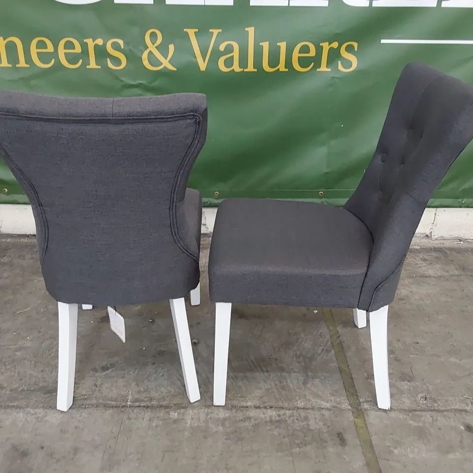 SET OF FOUR UPHOLSTERED BUTTONED BACK DINING CHAIRS GREY FABRIC ON WHITE PAINTED LEGS