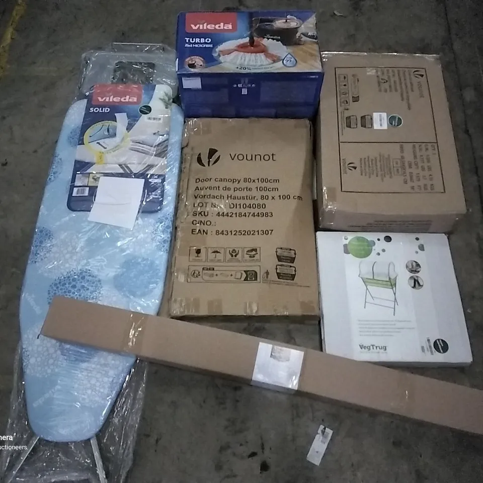 PALLET OF ASSORTED ITEMS INCLUDING VILEDA IRONING BOARD, DOOR CANOPY, VLEDAC MICTOFIBRE MOP, CURTAIN ROD WITH SQUARE FINALS, VEGTRUG GREENHOUSE, CLIMB CART WITH SEAT 