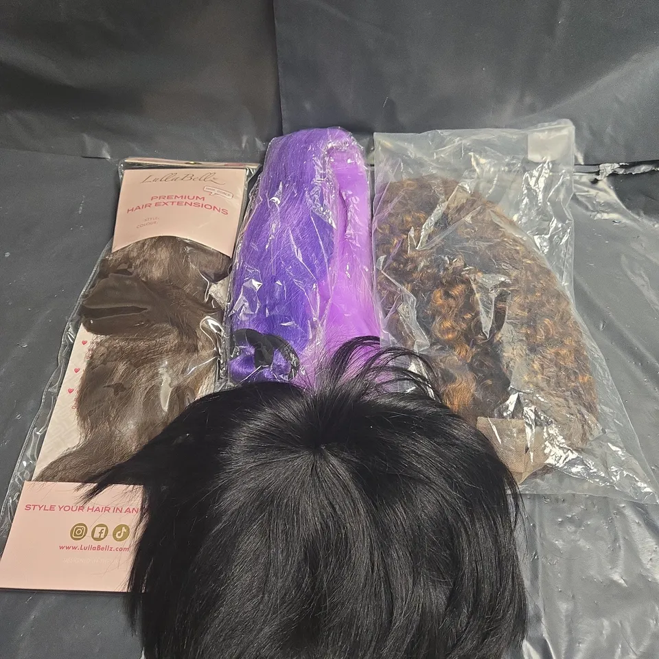 APPROXIMATELY 10 HAIR PIECES AND WIGS - VARIOUS COLOURS AND STYLES