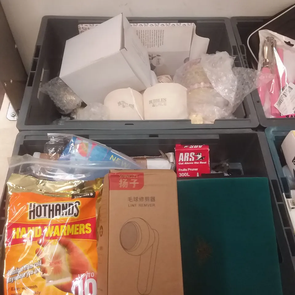 4 TOTES OF ASSORTED ITEMS INCLUDING, WOMENS PURSE, BUBBLES&LACE CANDLES, INCENSE STICKS AND HOOF OIL