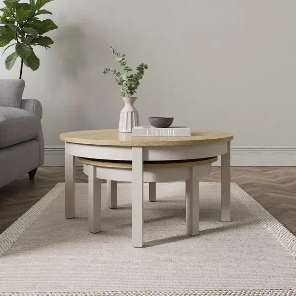 BOXED OLNEY ROUND NEST OF COFFEE TABLES, STONE (1 BOX)