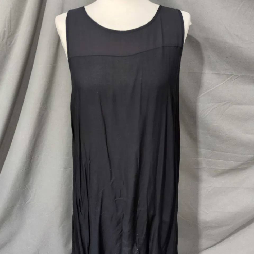 WOMEN'S PURE DKNY BLACK SLEEVELESS MAXI DRESS WITH SHEER YOKE - SIZE LARGE