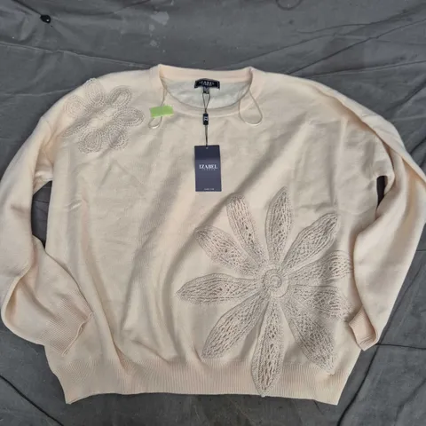 IZABEL LONDON KNIT PULLOVER WITH EMBROIDERY FLOWER DETAIL IN CREAM - XXL