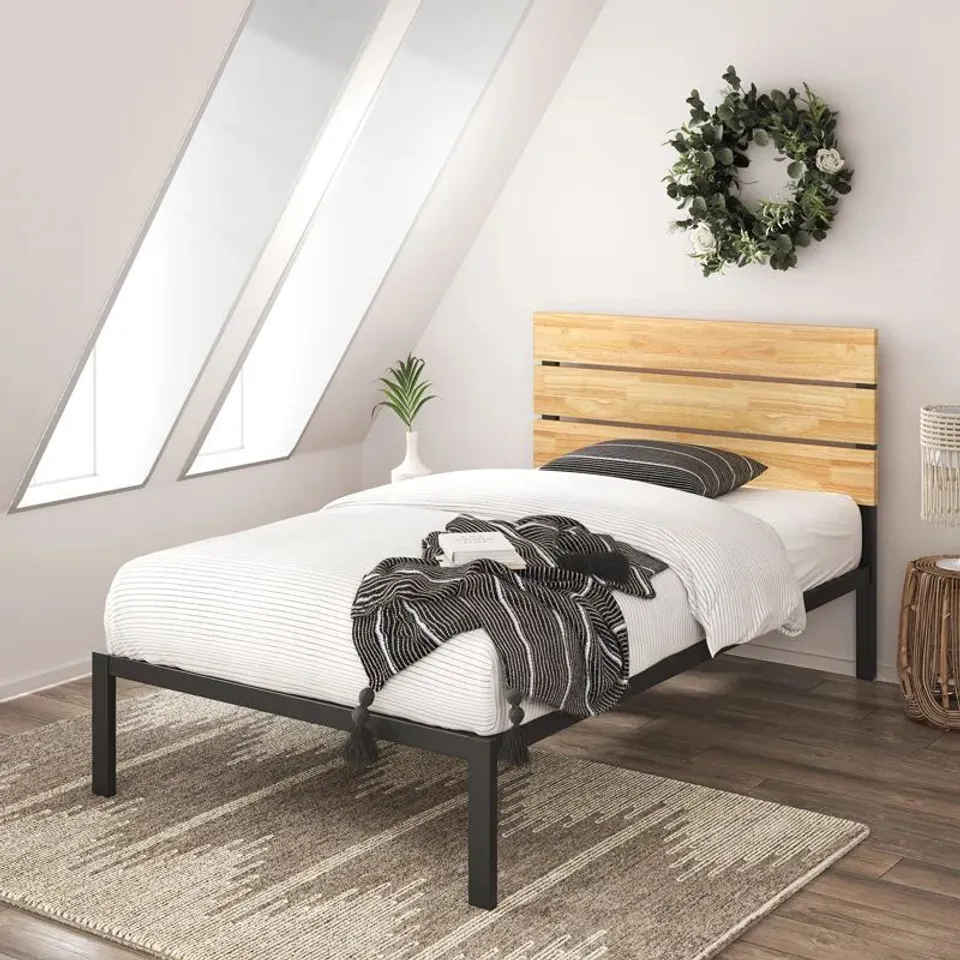 BOXED ELEANOR MODERN METAL BED FRAME WITH BAMBOO HEADBOARD - SIZE, SINGLE (1 BOX)