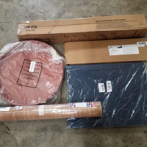 PALLET CONTAINING ASSORTED PRODUCTS INCLUDING MULTI-INSTRUMENT GUITAR STAND, BATHROOM GRAB BAR, 16 PAGE TRADING CARD BINDER, PLANT POT SAUCERS & VINYL WRAPPING PAPER