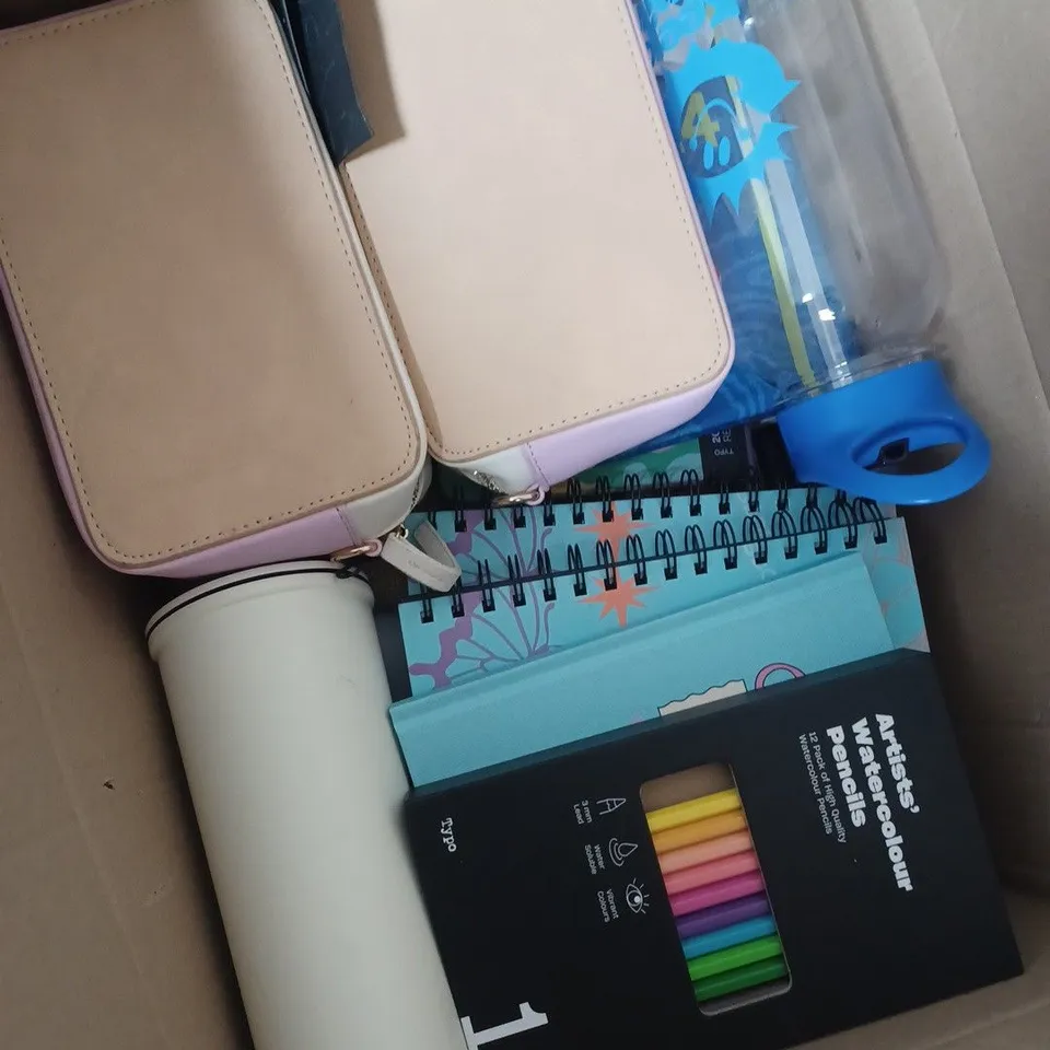 BOX OF APPROXIMETLY 15 ITEMS TO INCLUDE DIARY'S, PENCILS, CUP ETC 