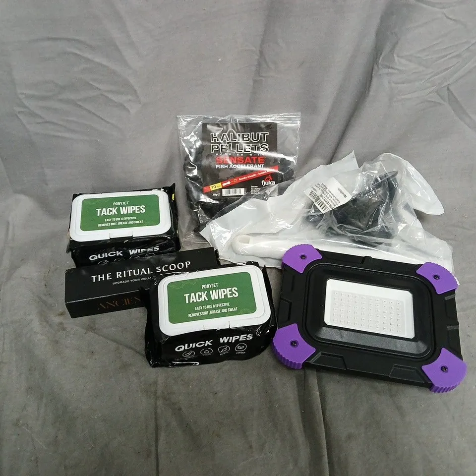 APPROXIMATELY 12 ASSORTED HOUSEHOLD ITEMS TO INCLUDE TACK WIPES, HALIBUT PELLETS, THE RITUAL SCOOP, ETC