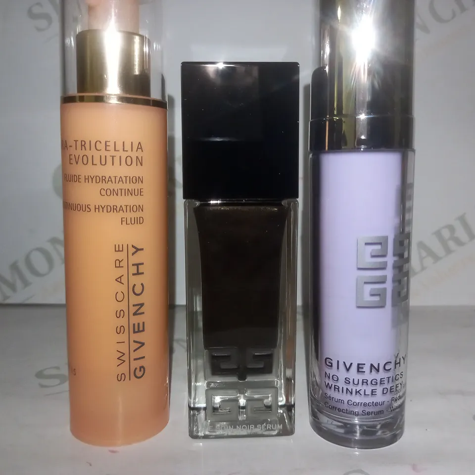 BOX OF APPROX 10 ASSORTED GIVENCHY TESTER PRODUCTS TO INCLUDE HYDRA TRICELLA FLUIDE, WRINKLE REDUCING CORRECTING SERUM, LE SION NOIR SERUM 