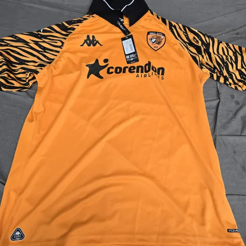 HULL CITY HOME JERSEY 2025-26 - ORANGE WITH TIGER-STRIPE SLEEVES, KAPPA LOGO, CORENDON SPONSOR - SIZE XL