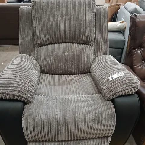 DESIGNER GREY CORDED FABRIC AND BLACK FAUX LEATHER RECLINING ARM CHAIR