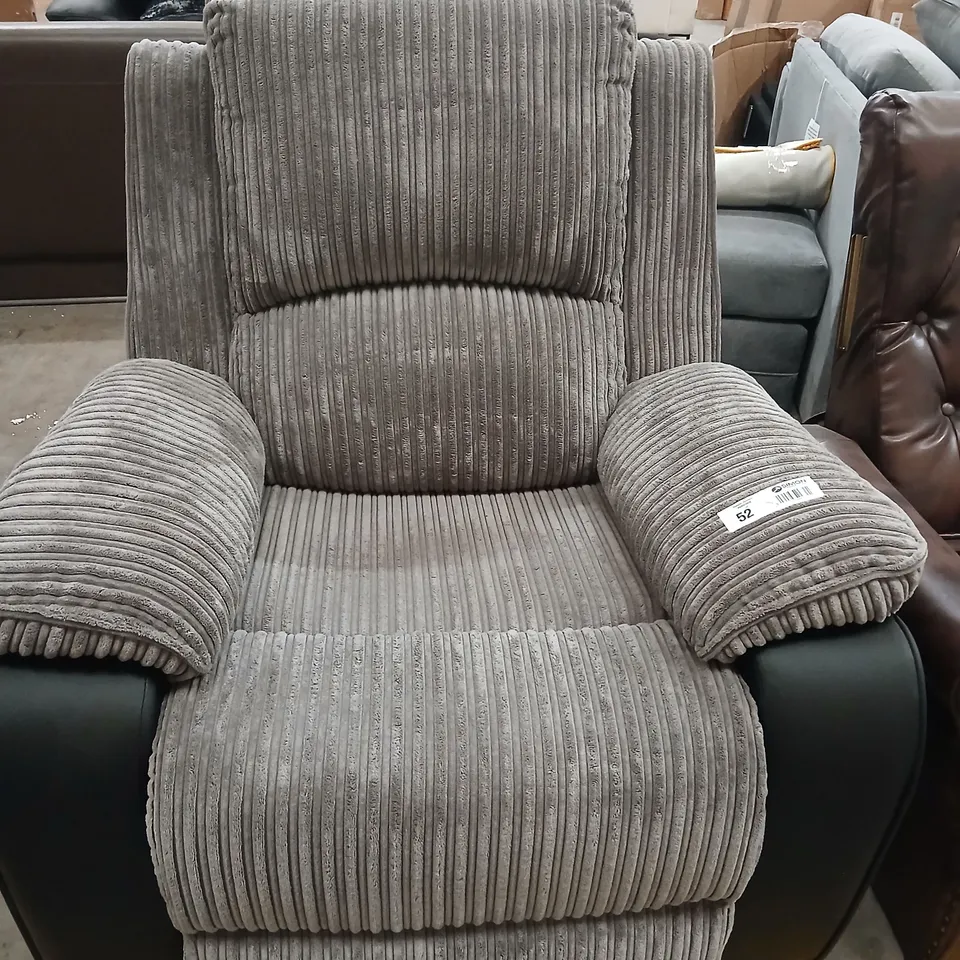DESIGNER GREY CORDED FABRIC AND BLACK FAUX LEATHER RECLINING ARM CHAIR