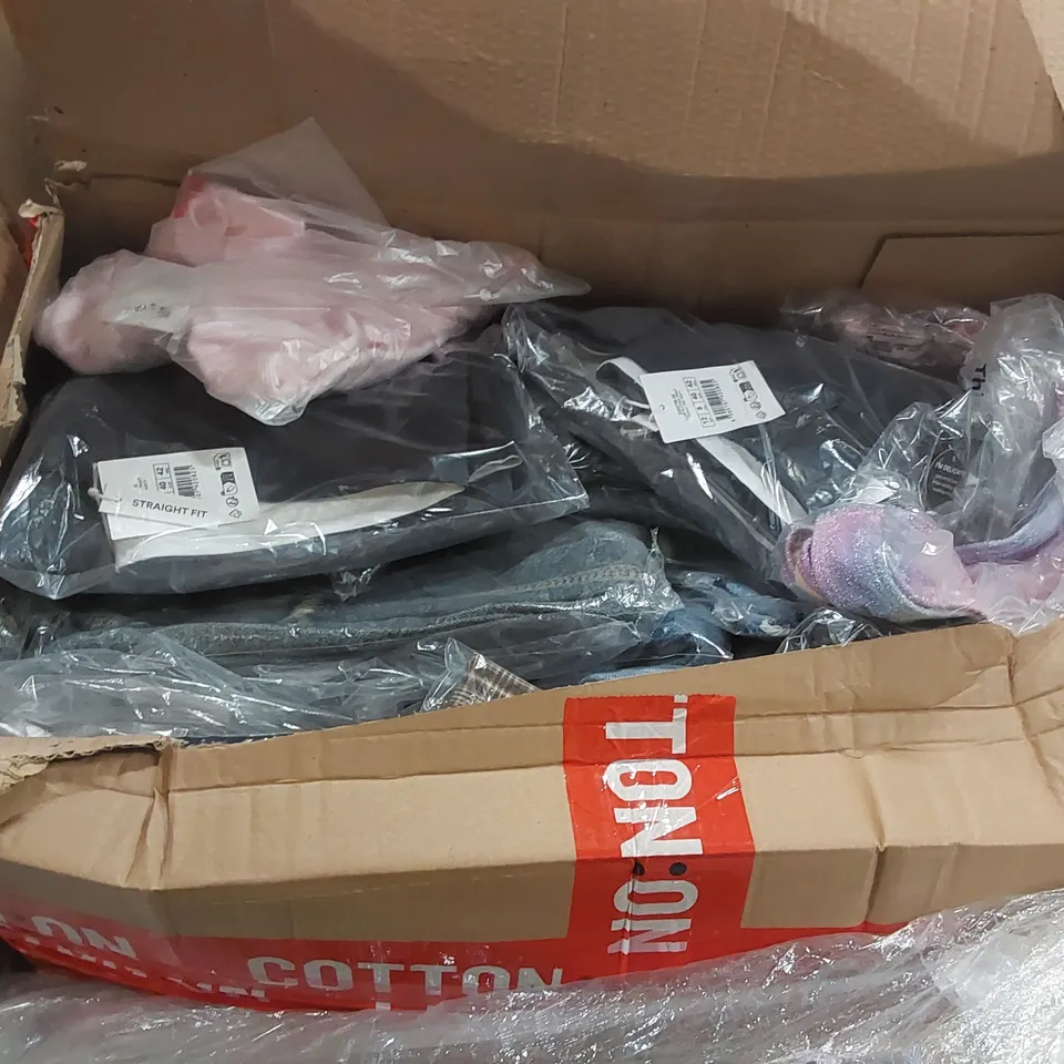 PALLET CONTAINING A LARGE QUANTITY OF BRAND NEW ASSORTED PRODUCTS INCLUDING: JEANS, SUIT TROUSERS, BIKINI BOTTOMS, T-SHIRTS, JUMPERS ECT