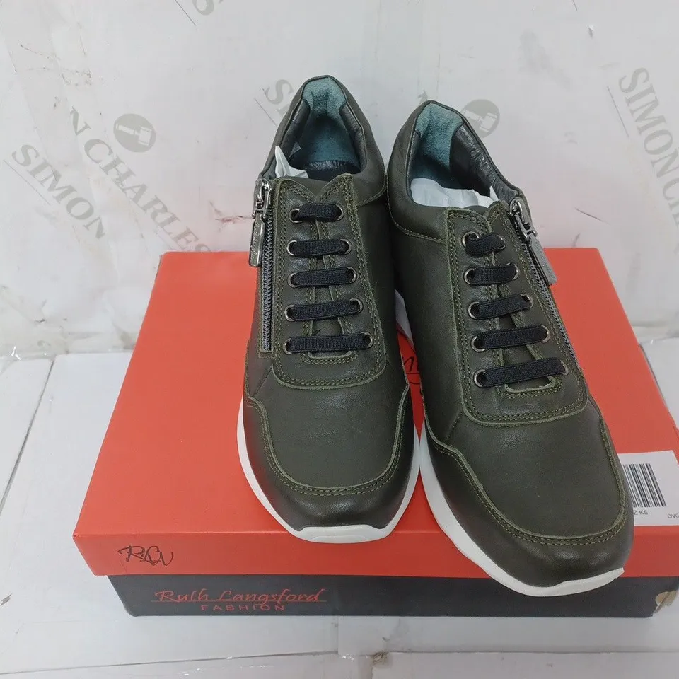 BOXED PAIR OF RUTH LANGSFORD WEDGE TRAINERS IN KHAKI SIZE 5