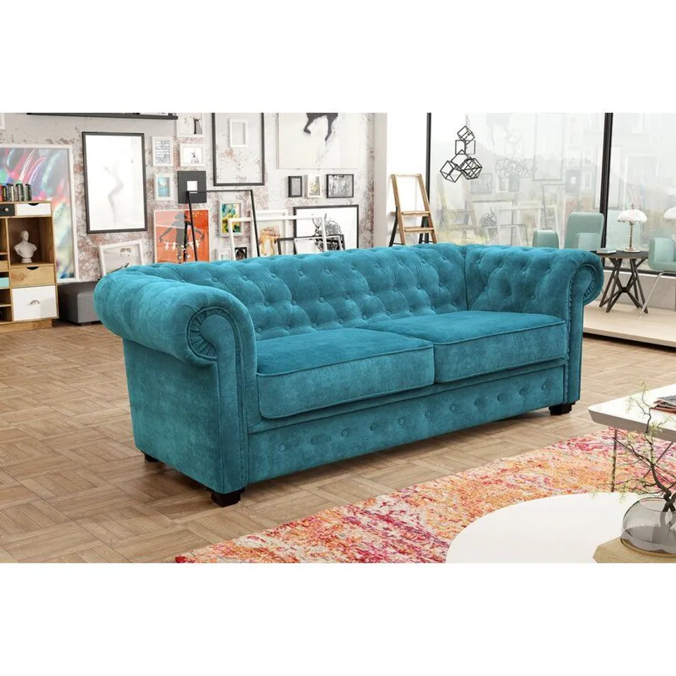 BOXED ALDERWOOD TEAL 3 SEATER UPHOLSTERED SOFA BED