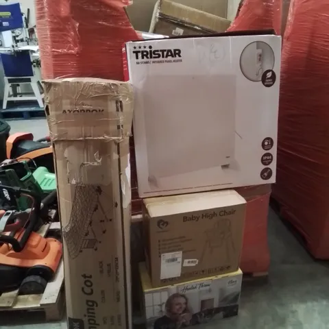 PALLET CONTAINING VARIOUS ASSORTED BOXED HOUSEHOLD ITEMS TO INCLUDE: HEATED THROWS, CAMPING COT INFARED PANEL HEATER,  BABY HIGH CHAIR AND LOTS MORE UNMARKED BOXED ITEMS 