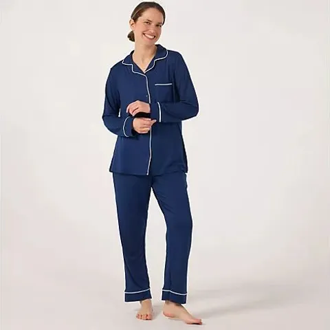 COZEE HOME SUPERSOFT NOTCH COLLAR PJ SET NAVY MEDIUM