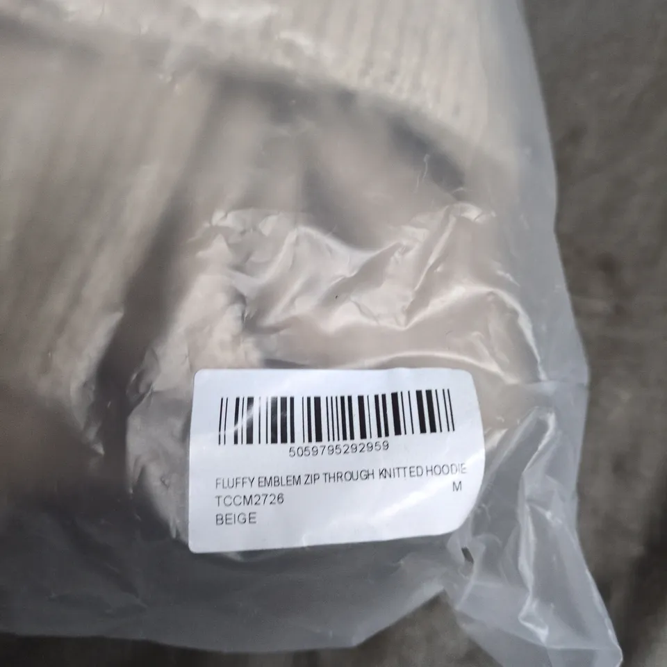THE COUTURE CLUB FLUFFY EMBLEM ZIP-THROUGH KNITTED HOODIE – BEIGE – SIZE M
