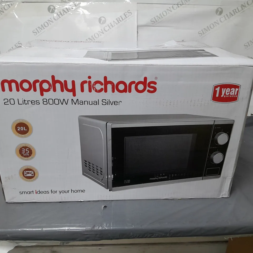 BOXED MORPHY RICHARDS 800 WATT MANUAL MICROWAVE SILVER 20 LITRE