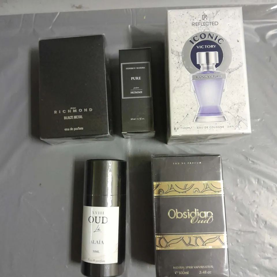 BOX OF APPROXIMATELY 5 ASSORTED BOXED FRAGRANCES TO INCLUDE - REFLECTED ICONIC VICTORY - JOHN RICHMOND BLACK METAL - &ATTAR OBSIDIAN OUD - ETC