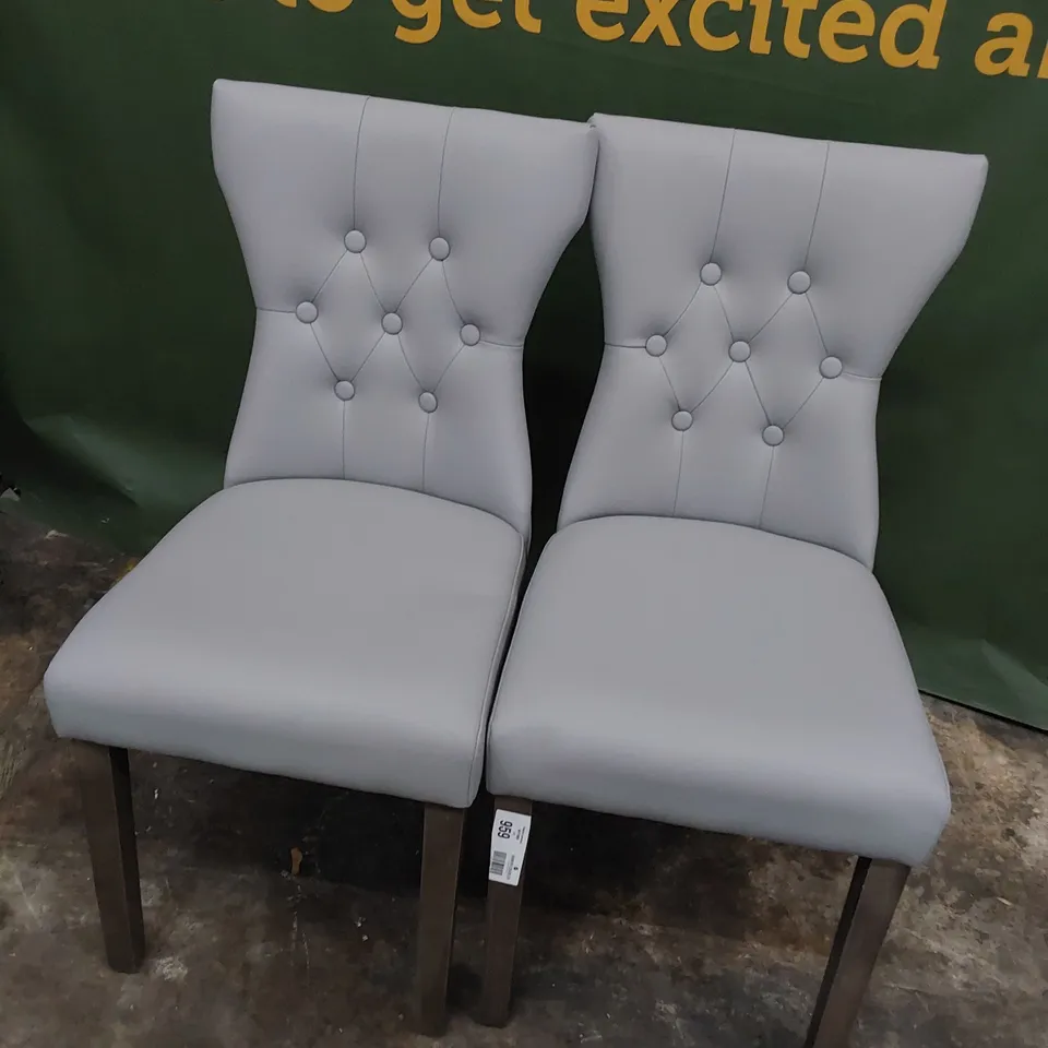 PAIR UPHOLSTERED BUTTONED BACK DINING CHAIRS GREY PU ON DARK WOOD LEGS 