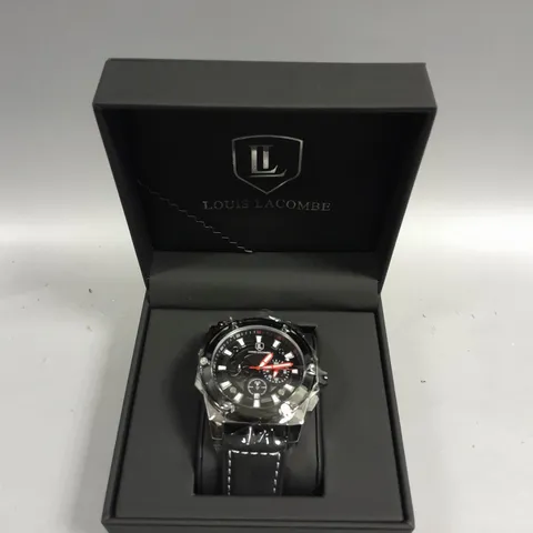 MENS LOUIS LACOMBE CHRONGRAPH WATCH – 3 SUB DIALS – SILVER COLOUR CASE – LEATHER STRAP