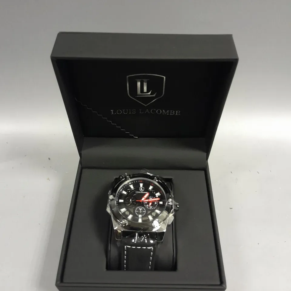 MENS LOUIS LACOMBE CHRONGRAPH WATCH – 3 SUB DIALS – SILVER COLOUR CASE – LEATHER STRAP