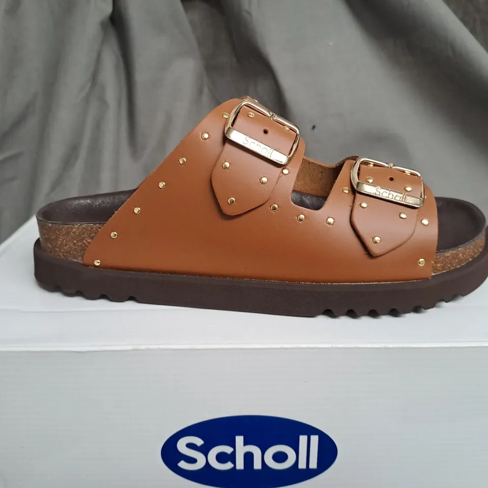 BOXED SCHOLL RAISED BROWN OPEN TOE SANDALS - SIZE UK 6