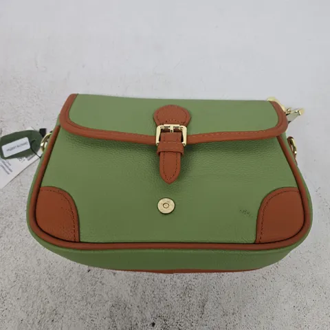 GREEN LEATHER HANDBAG WITH BROWN TRIM β CLUTCH-STYLE ACROSS BODY BAG