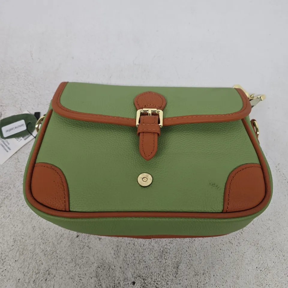 GREEN LEATHER HANDBAG WITH BROWN TRIM – CLUTCH-STYLE ACROSS BODY BAG
