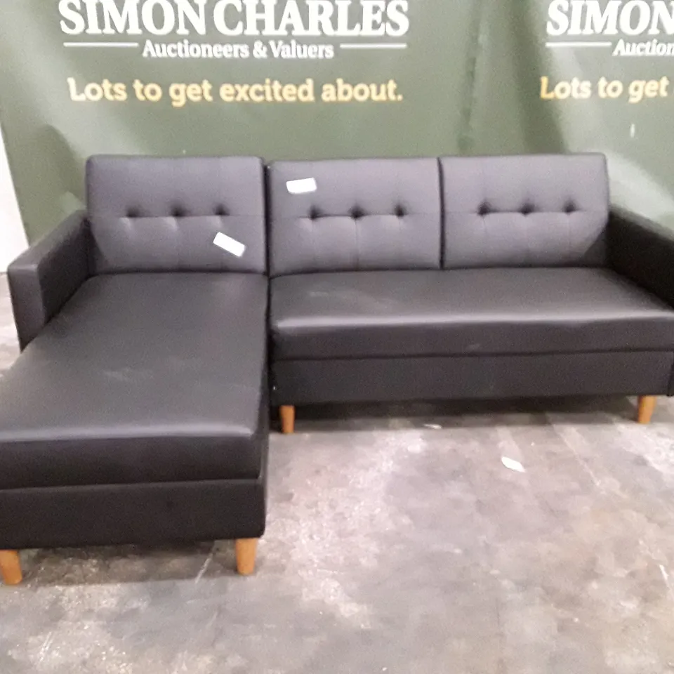 DESIGNER CORNER SOFA WITH LHF STORAGE CHAISE - BLACK LEATHER