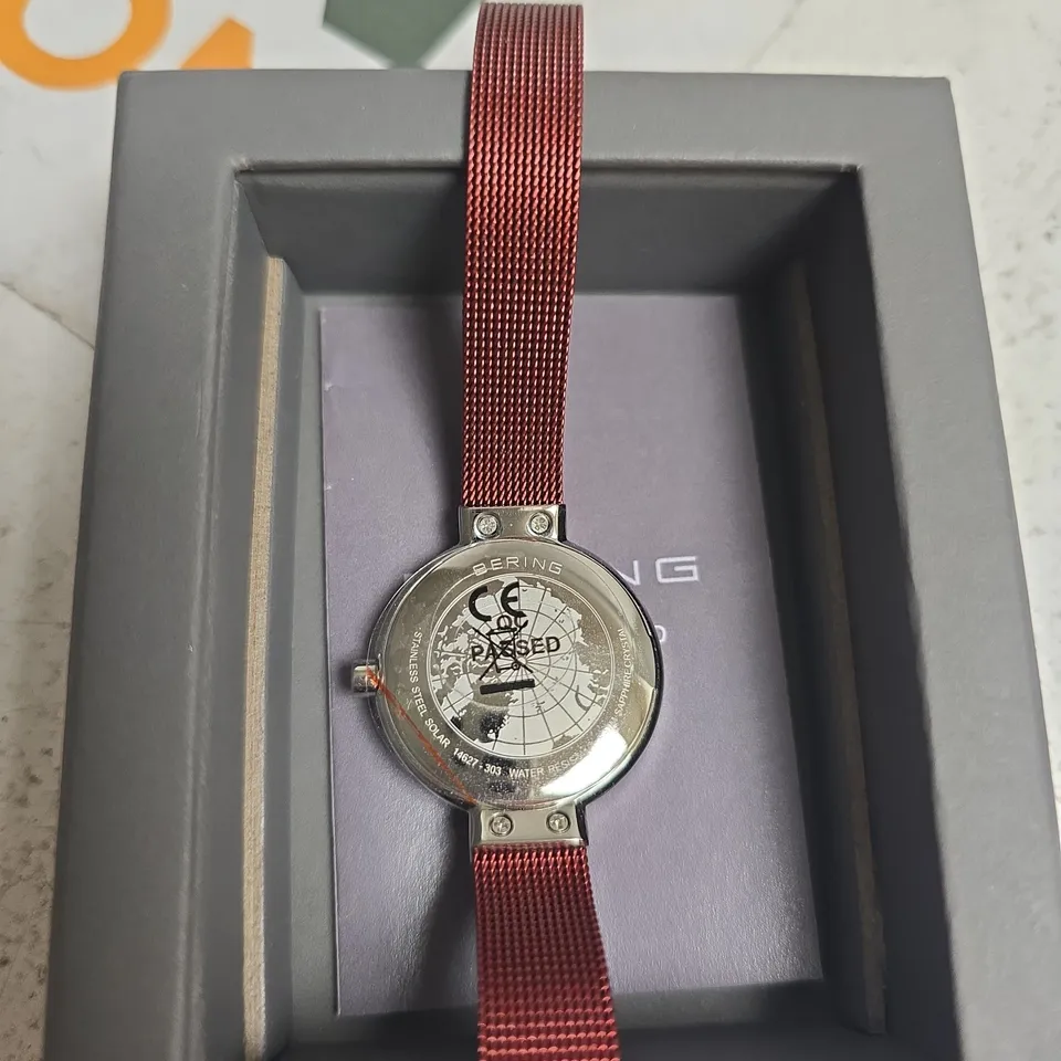BERING STAINLESS STEEL WATCH – RED MESH STRAP, BOXED (WORLD MAP CASEBACK)