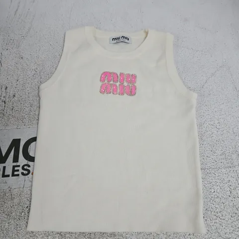 MIU MIU WHITE SLEEVELESS TOP WITH PINK BEADED LOGO - SIZE UNSPECIFIED