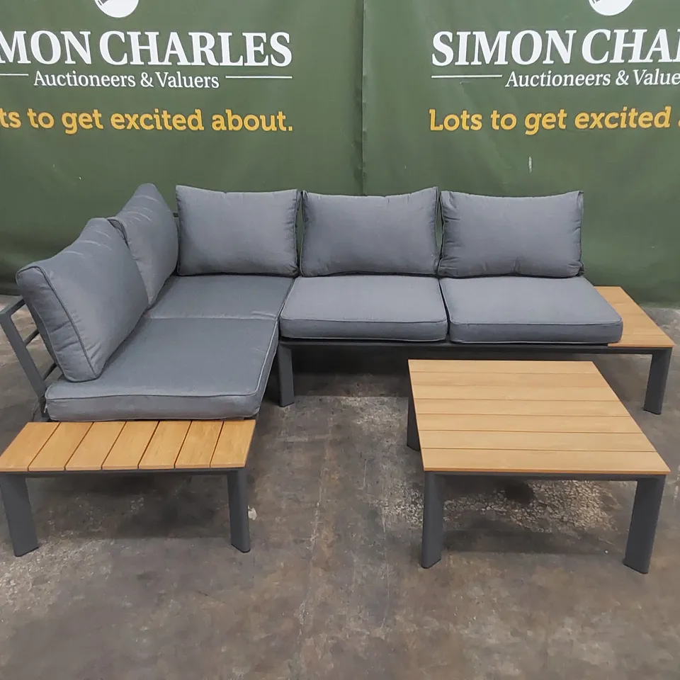 BRAND NEW ATLANTA GARDEN & PATIO ALUMINIUM CONTEMPORARY CORNER SET WITH POLY WOOD COFFEE TABLE RRP £995