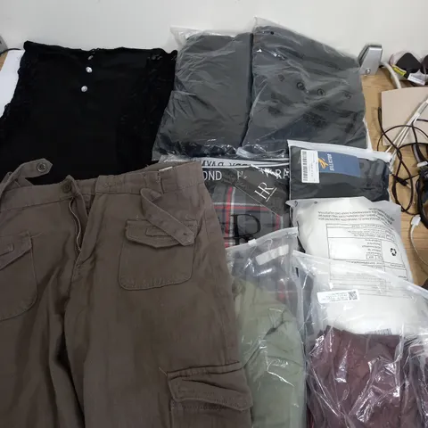 LARGE BOX OF ASSORTED CLOTHING ITEMS IN VARIOUS COLOURS AND SIZES INCLUDING TROUSERS , TOPS AND JUMPERS 