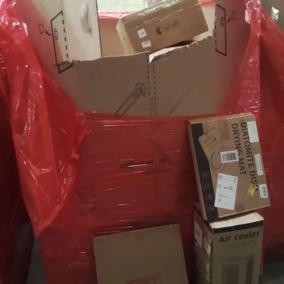 PALLET OF ASSORTED HOUSEHOLD GOODS AND PRODUCTS TO INCLUDE;PICTURE FRAME,AIR COOLER,DRYING MAT