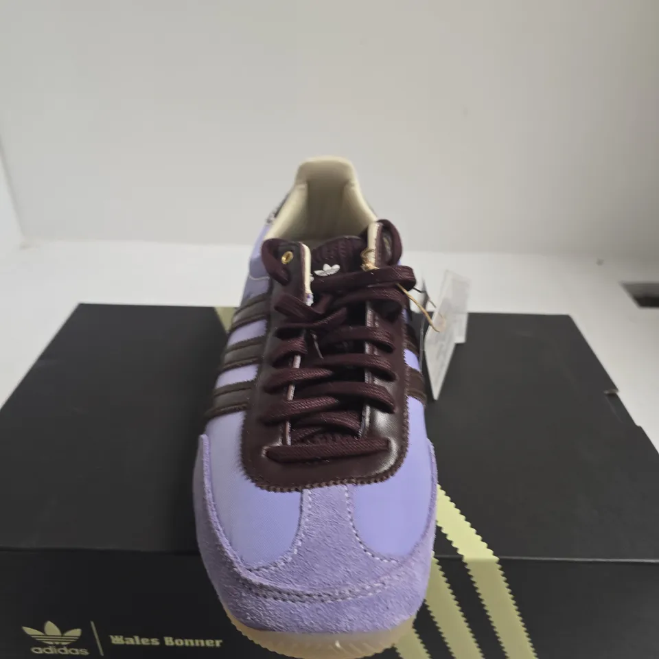 BOXED PAIR OF ADIDAS WALES BONNER JR1776 TRAINERS – PURPLE/LILAC WITH BROWN SUEDE, UK 8
