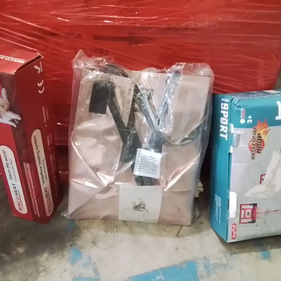 PALLET OF ASSORTED HOUSEHOLD GOODS AND PRODUCTS TO INCLUDE;BASKETBALL HOOP,FLOWER BAG,MINCO HEAT 