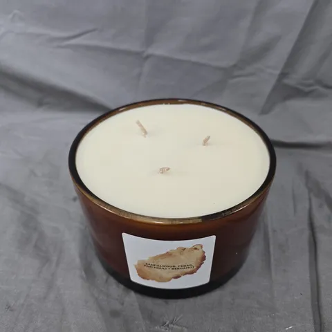 THREE-WICK SANDALWOOD, CEDAR, PATCHOULI + BERGAMOT SCENTED CANDLE 
