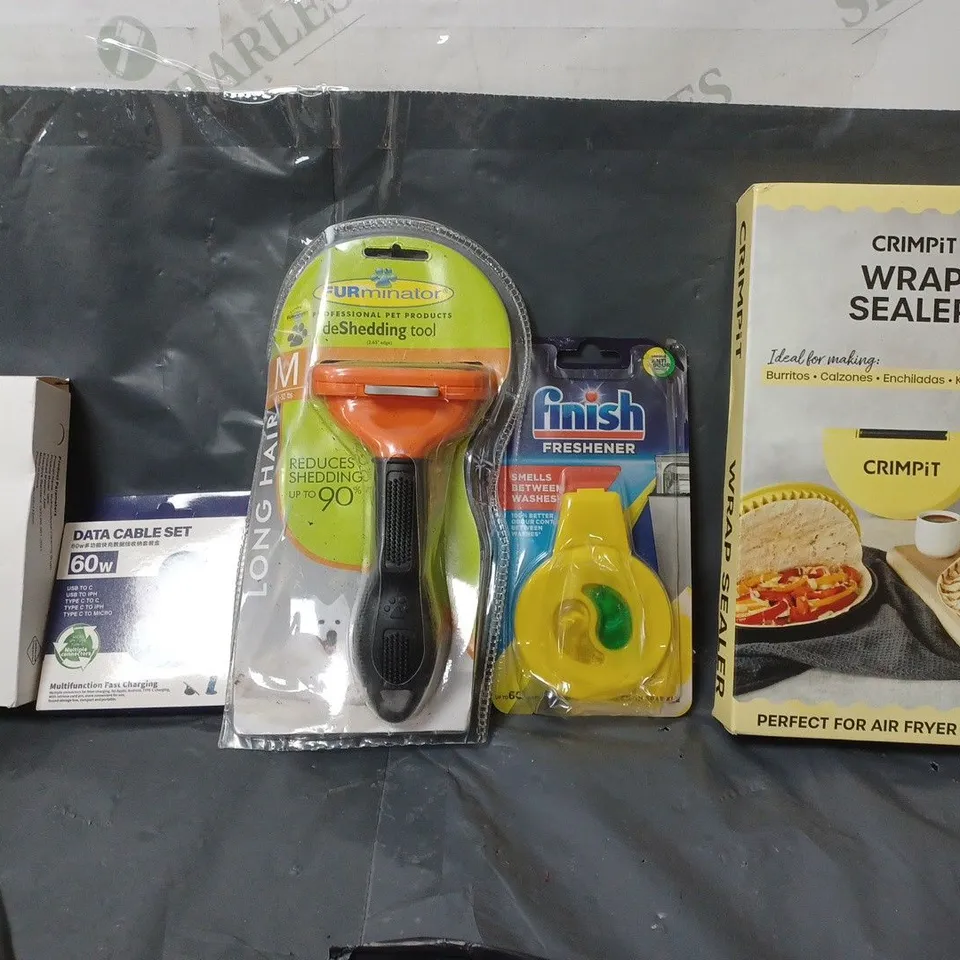 BOX OF APPROXIMATELY 12 ASSORTED ITEMS TO INCLUDE - CRIMPIT WRAP SEALER , FINISH FRESHENER , DATA CABLE SET ETC