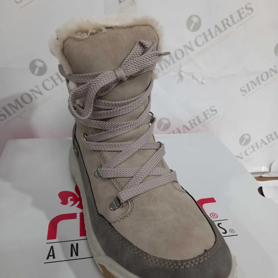 BOXED PAIR OF RIEKER ANTISTRESS WARM HIKING BOOTS, CREAM - SIZE 6