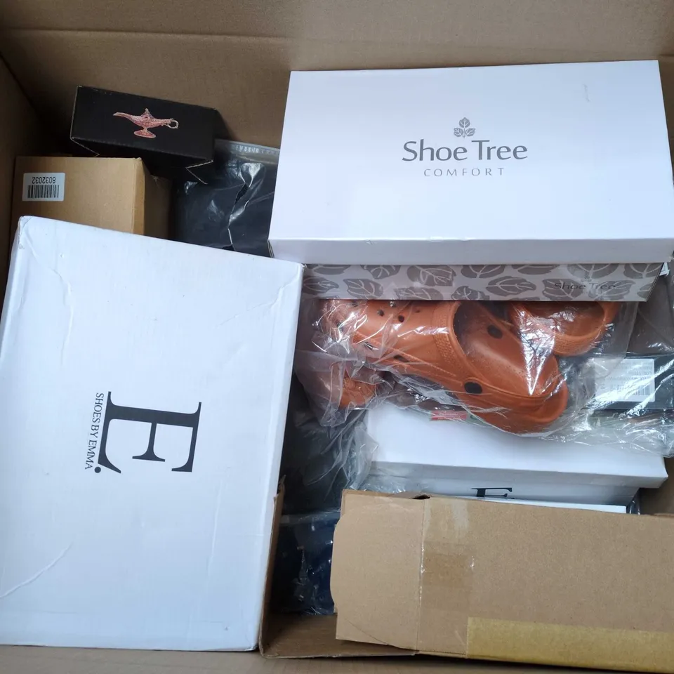 LARGE BOX OF 10 ASSORTED SHOES AND CLOTHING ITEMS COMING IN DIFFERENT SIZES AND COLOURS 
