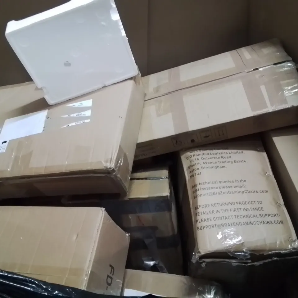 PALLET OF ASSORTED HOUSEHOLD GOODS AND PRODUCTS TO INCLUDE; OFFICE CHAIR, BAMBOO CHEESEBOARD SET, FOLDING TABLE, BOXED FURNITURE ETC 