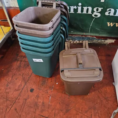 SEVEN PLASTIC BINS WITH LIDS, 3 BROWN, 4 GREEN