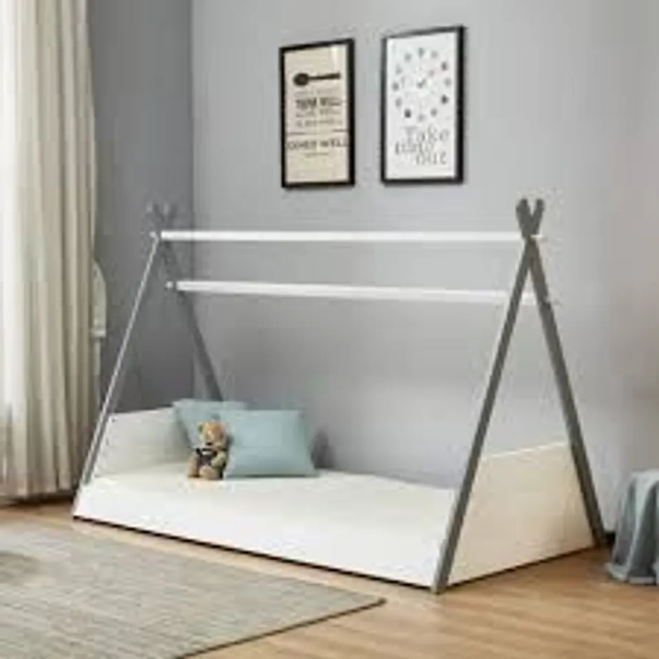 BOXED TEEPEE SINGLE WHITE CHILDRENS BED FRAME - WHITE & GREY (1 BOX)