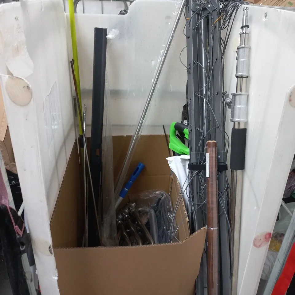 large quantity of assorted poles, rods, tools fittings and trims to include greenmineral 4m, drain rod set and broom poles